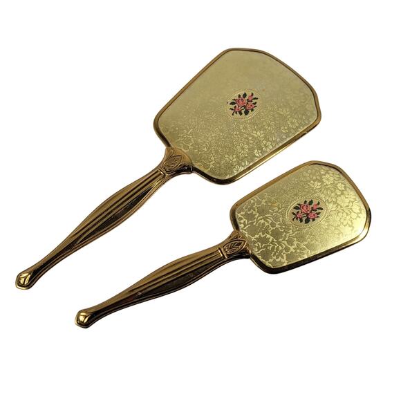 Vintage Gold-Tone Handheld Vanity Mirror Brush Set - Mirror Missing From Frame - Picture 10 of 16